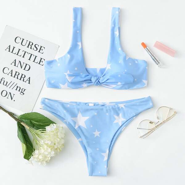 

Star Print Knot Top With High Leg Bikini Set, Baby blue