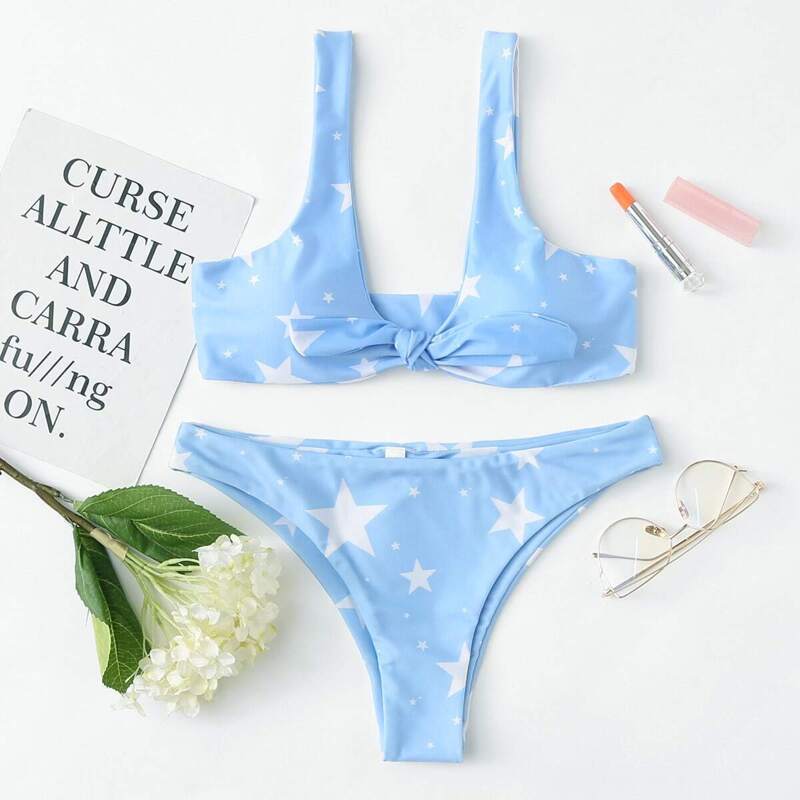 

Star Print Knot Top With High Leg Bikini Set, Blue