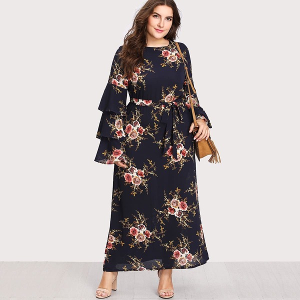 

Plus Botanical Print Self Tie Chiffon Dress, Multicolor