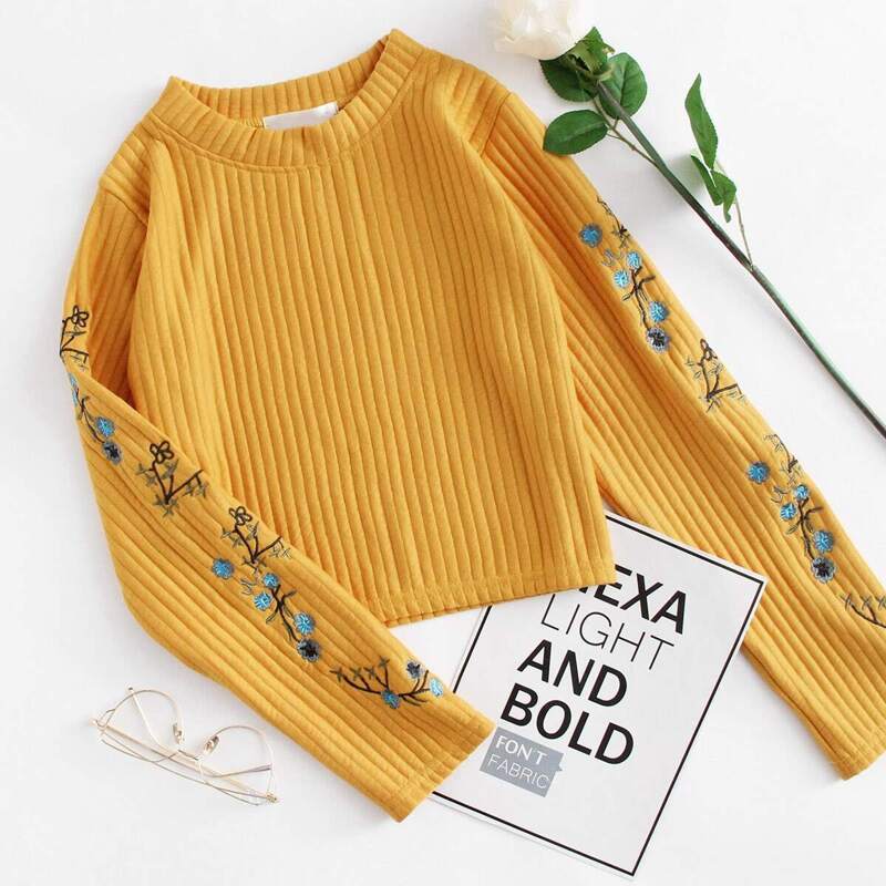 

Floral Embroidered Ribbed Top, Yellow