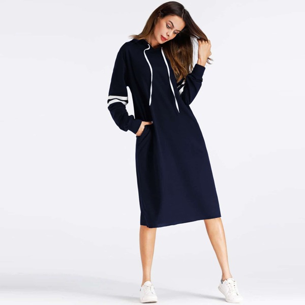 

Varsity Striped Hooded Sweatshirt Dress, Navy blue