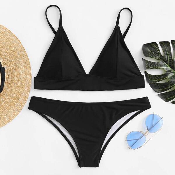 

V Plunging Triangle Top With High Leg Bikini Set, Black