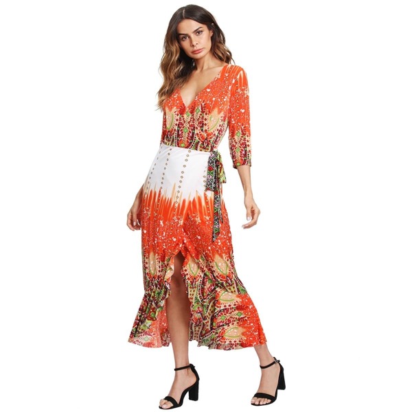 

Plunge Neck Frill Hem Tie Waist Wrap Dress, Multicolor