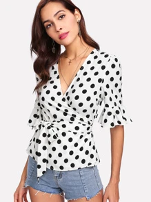 black and white polka dot wrap top