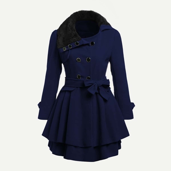 

Contrast Faux Fur Collar Double Layered Hem Coat, Navy