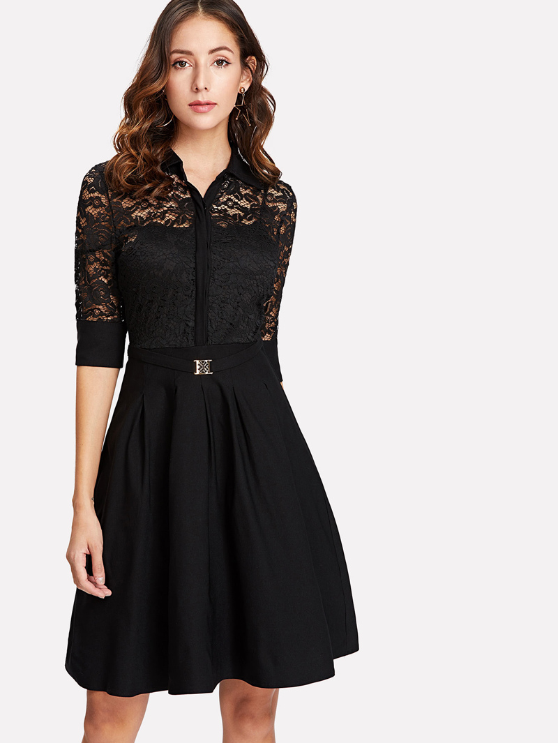 

Lace Contrast Shirt Dress, Black, Julianac