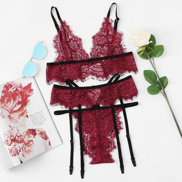 

Eyelash Lace Bra And Garter Set