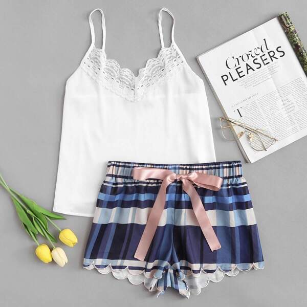 

Lace Detail Cami & Scalloped Plaid Shorts PJ Set, Multicolor