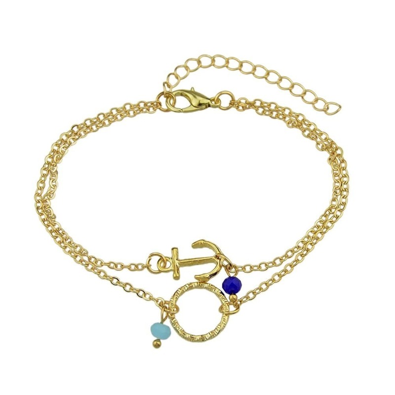 

Gold Multi Layers Chain With Anchor Round Shape Charm And Beads Bracelets
