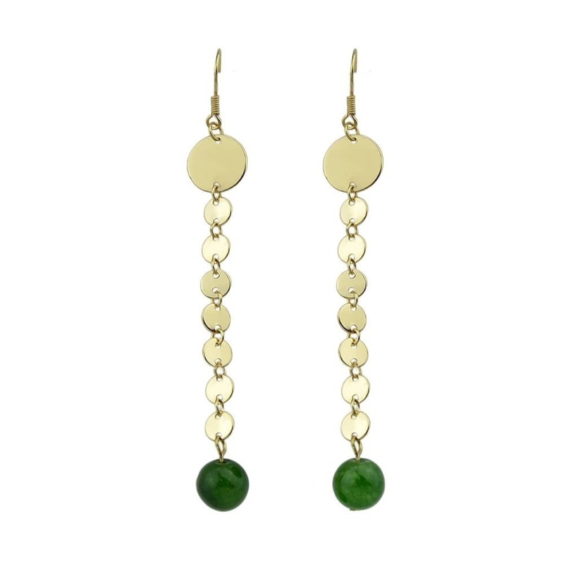 

Green Beads Long Chain Pendant Earrings, Gold