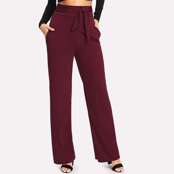 

Self Tie Wide Leg Pants, Burgundy