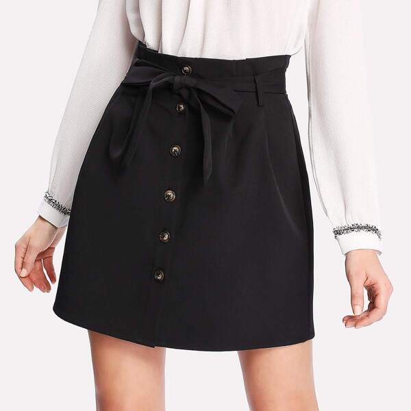 

Self Belt Button Up Skirt, Black