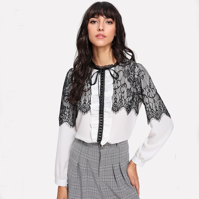 

Contrast Eyelash Lace Chiffon Blouse, Black and white