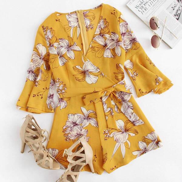 

Fluted Sleeve Floral Print Self Tie Waist Romper