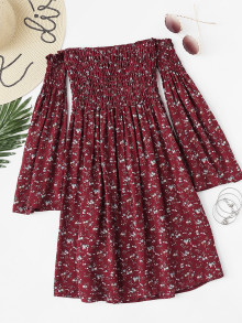 Off Shoulder Bell Sleeve Calico Print Dress