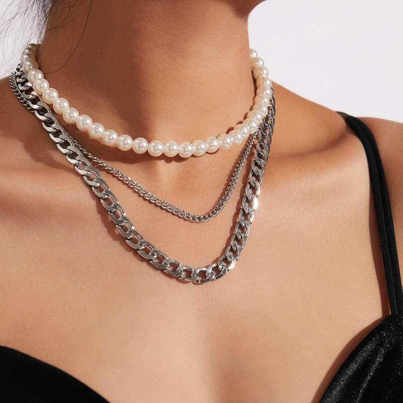 

Chain & Faux Pearl Design Layered Necklace, Silver