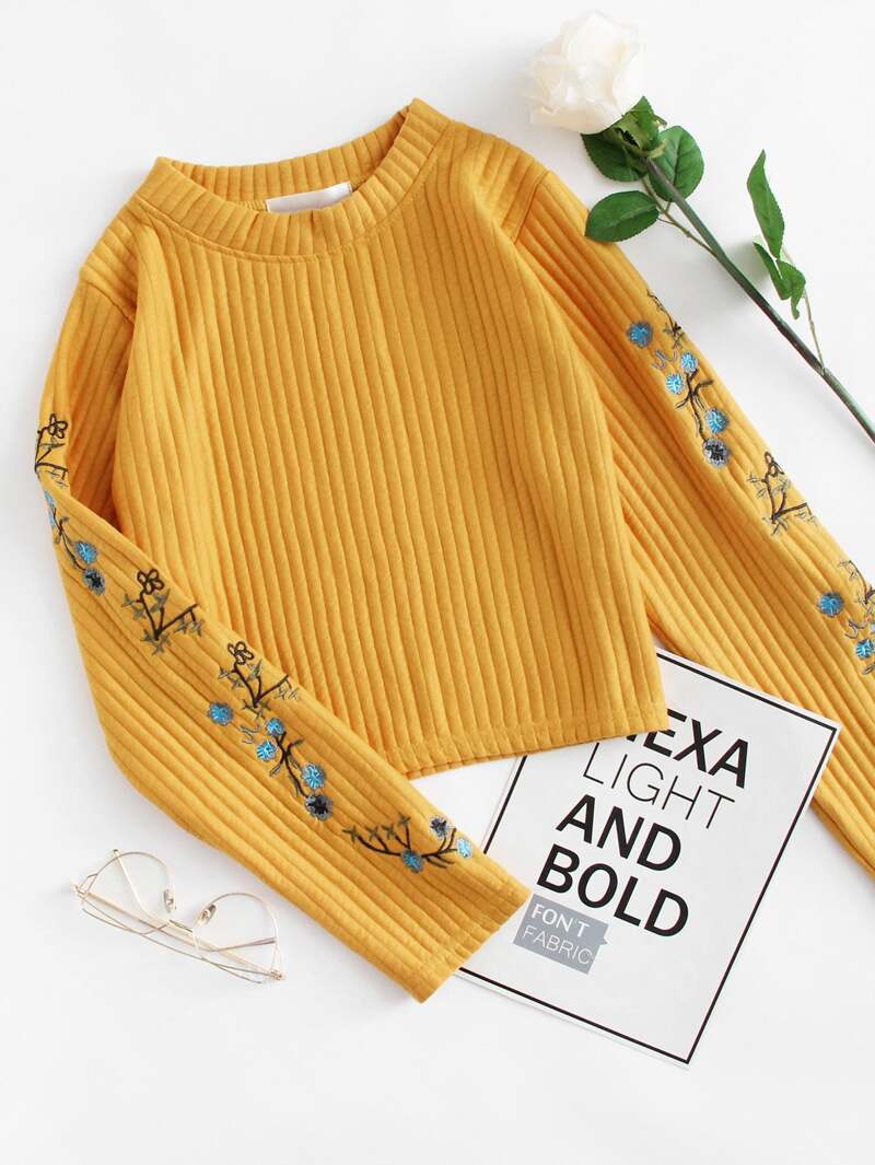 

Floral Embroidered Ribbed Top, Mustard