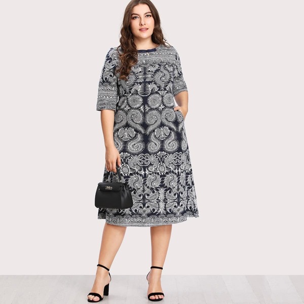 

Plus Baroque Print Hidden Pocket Dress, Multicolor