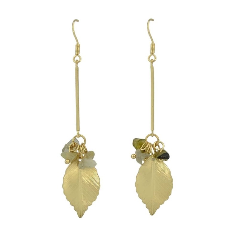 

Gray Beads Charms Leaf Drop Earrings, Gold