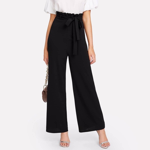 

Self Belt Paperbag Waist Wide Leg Pants, Black