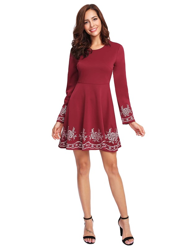 Burgundy Embroidered Long Sleeve Flare Dress Shein Sheinside