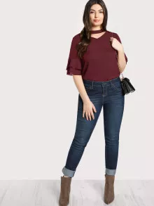 SHEIN Plus Choker Neck Layered Sleeve Top - Burgundy - View 5