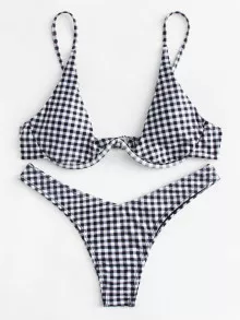 Gingham High Cut Bikini Set Summer Beach - Black and White - View 3