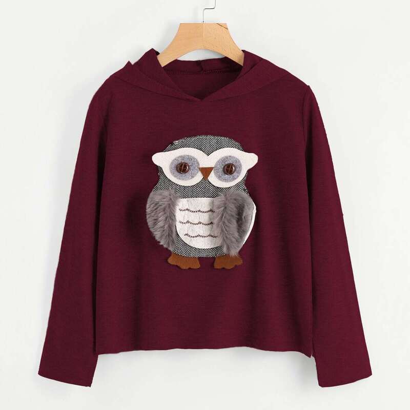 

3D Owl Applique Faux Fur Detail Hoodie, Burgundy