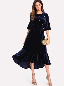 SHEIN Samt Kleid mit Perlen und Raffung Ärmeln | aktuelle Trends, günstig  kaufen | SHEIN Deutschland