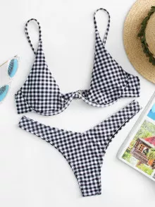 Gingham High Cut Bikini Set Summer Beach - Black and White - View 1