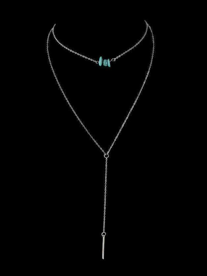 

Silver Multi Layer Chain Blue Beads Geometric Pendant Necklace