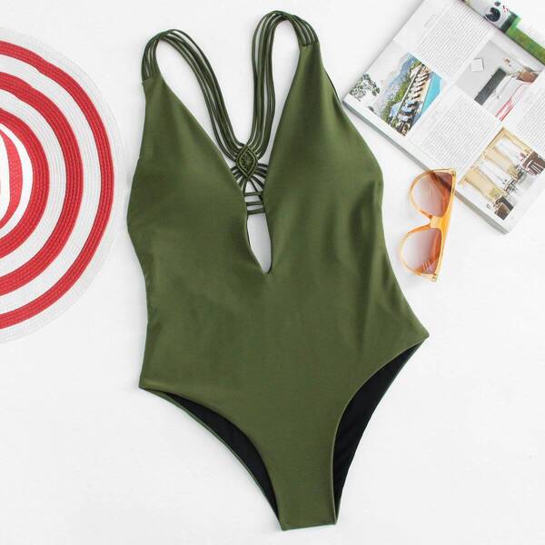 

Plunging Strappy Back One Piece Swimsuit, Army green