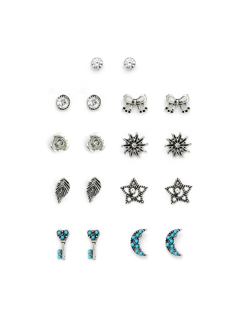 

Bow & Leaf & Moon Design Stud Earring Set, Turquoise