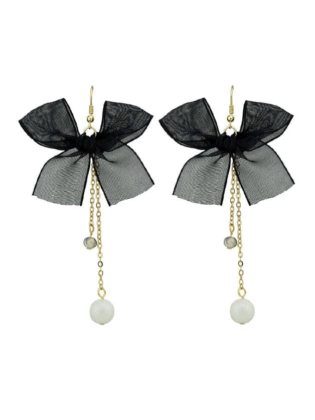 

Black Bowknot Pattern Drop Earrings With Gold-Color Chain