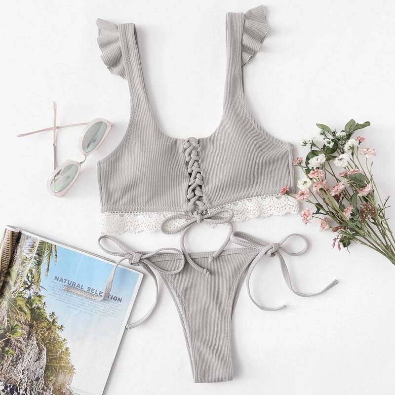 

Ruffle Lace Up Front Top With Tie Side Bikini, Grey