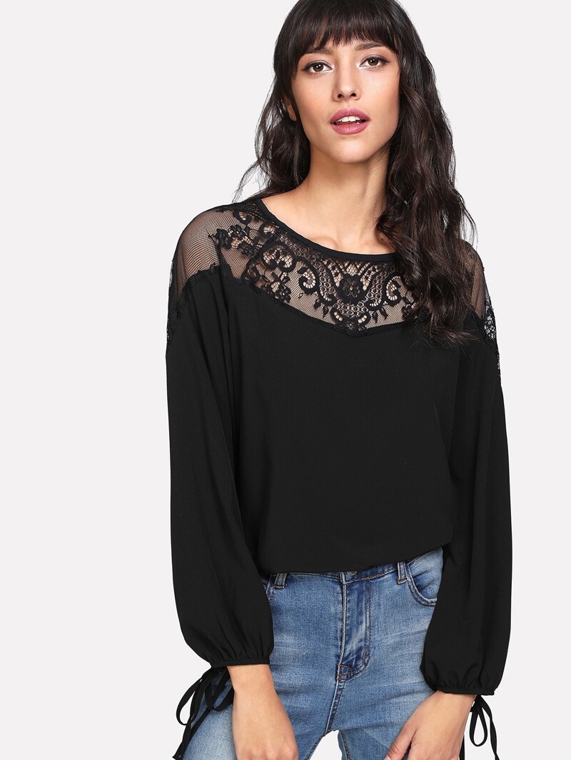 

Lace Yoke Tie Cuff Top, Black