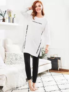 Slogan Graphic Slit Side Long Pajama Set - Black and White - View 1