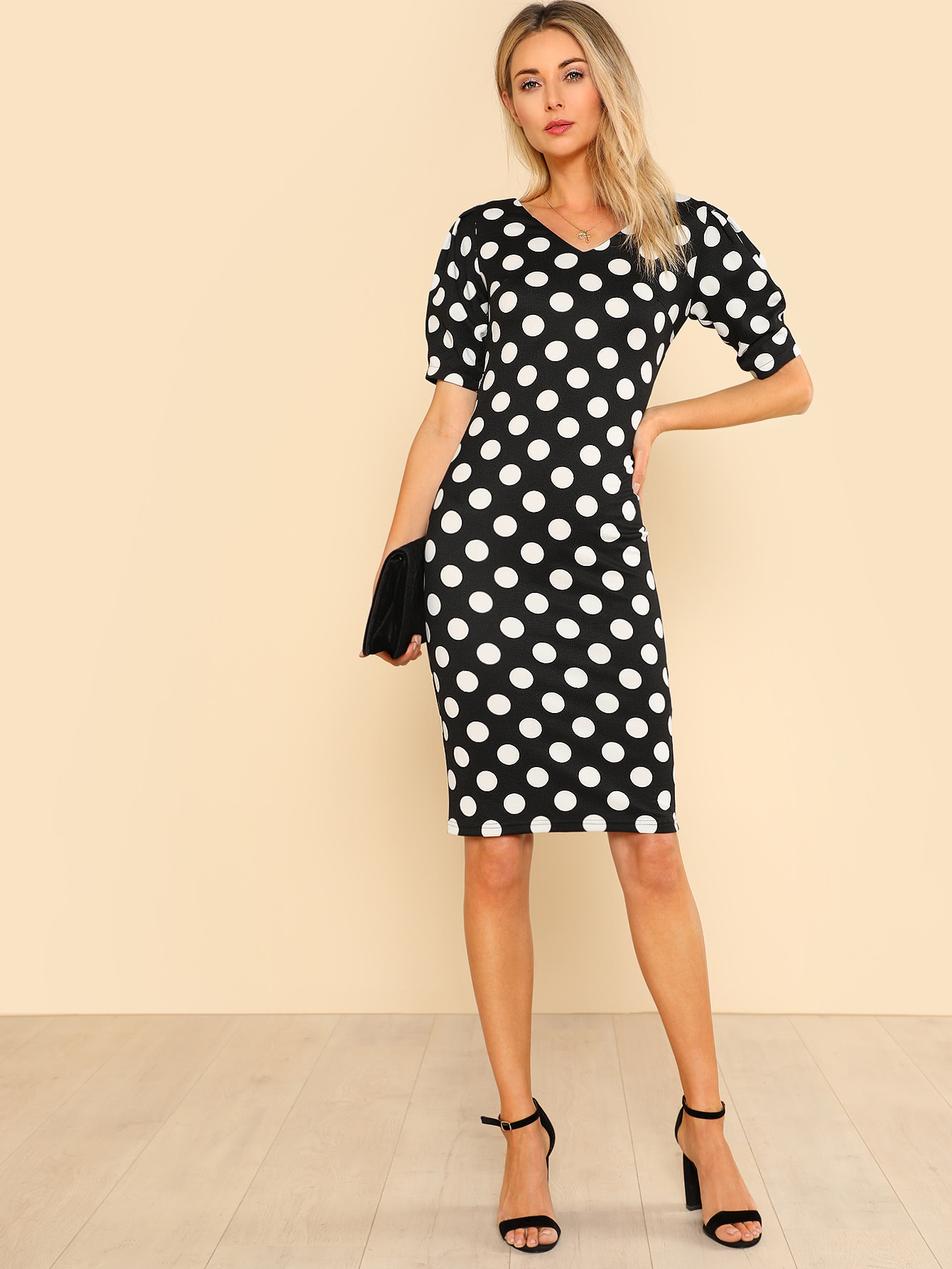 puff sleeve polka dot pencil dress