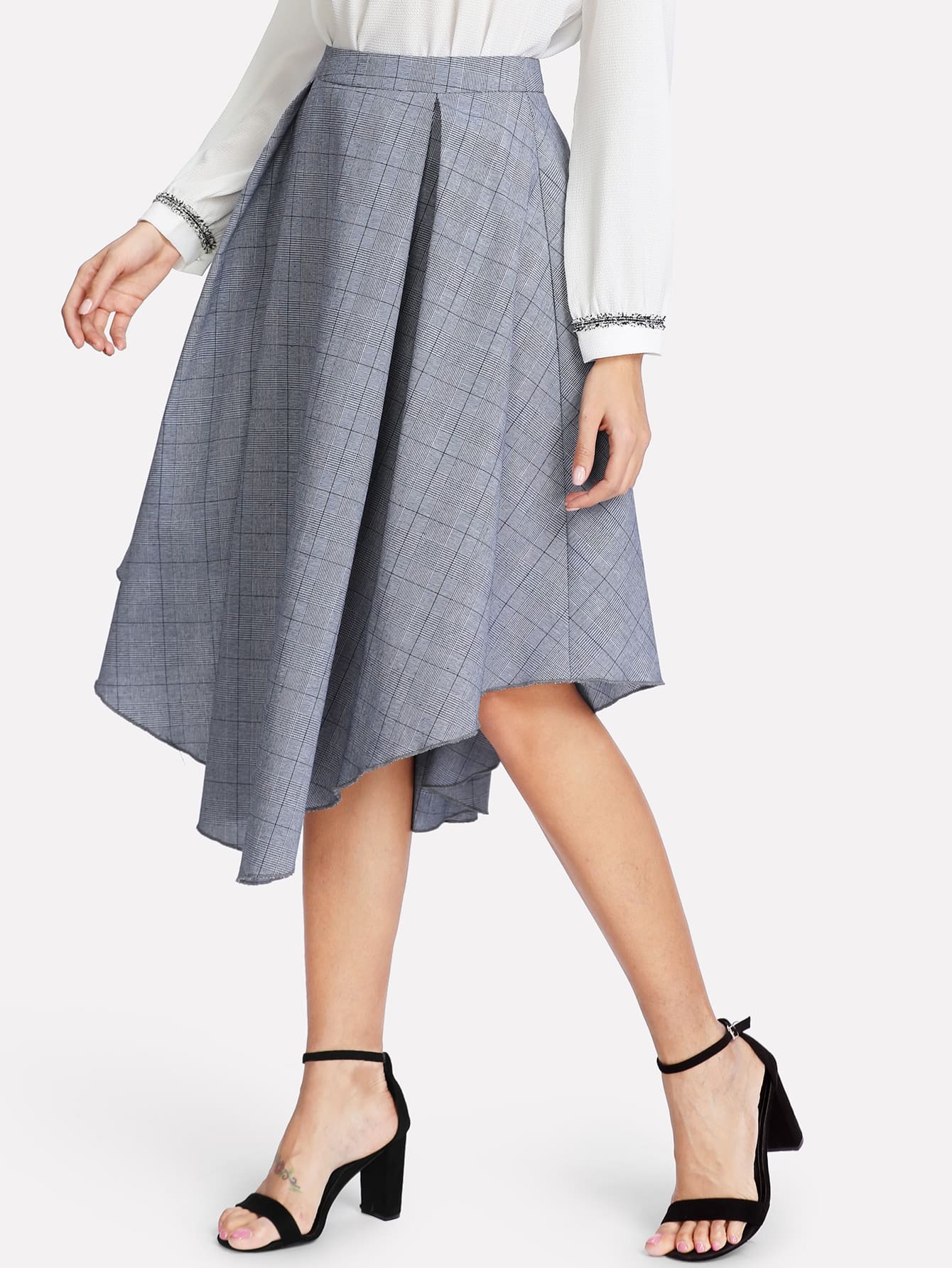 fold pleat curved plaid skirt