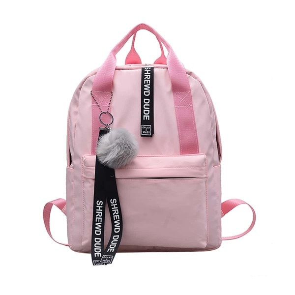 

Slogan Ribbon & Pom Pom Decor Backpack, Pink