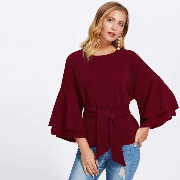 

Tie Front Layered Trumpet Sleeve Textured Top
