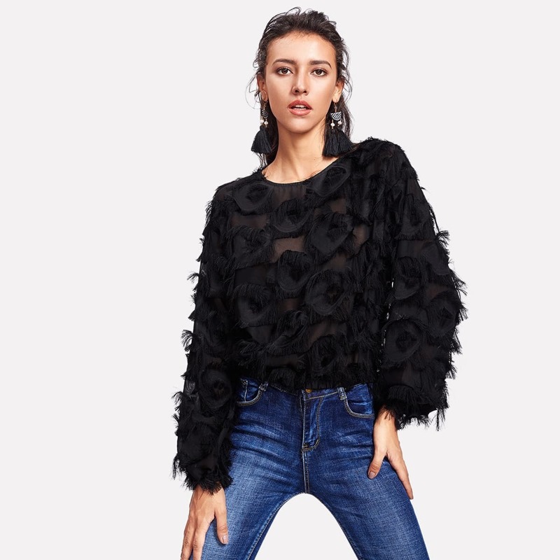 

Fringe Patch Mesh Top, Black
