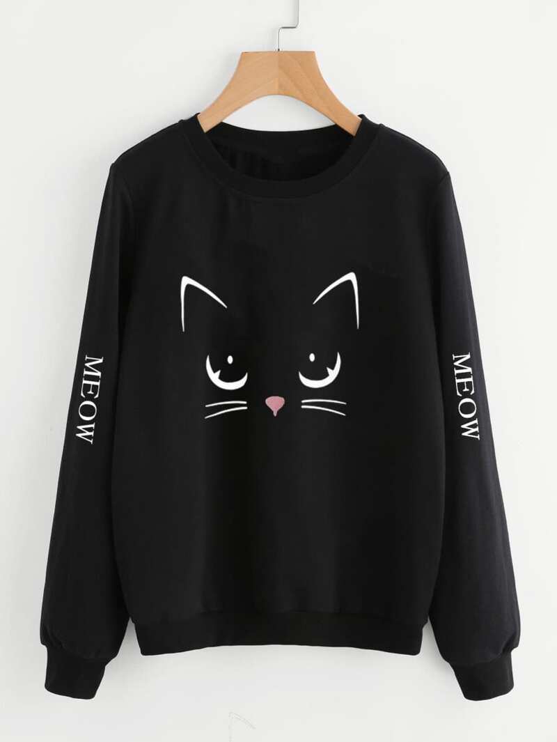 

Cat Print Sweatshirt, Black