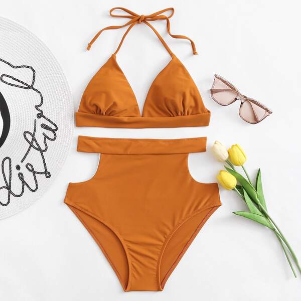 

Halter Top With Cut Out Side High Waist Bikini, Yellow