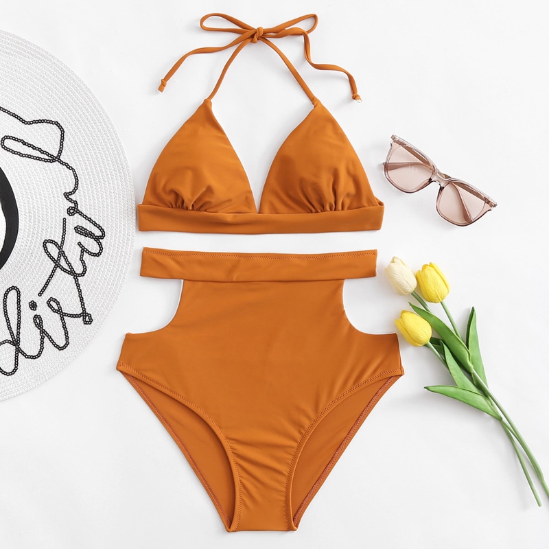 

Halter Top With Cut Out Side High Waist Bikini, Yellow
