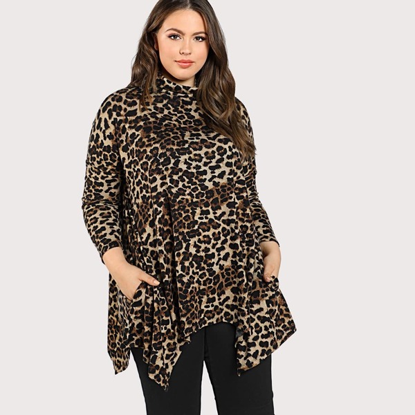 

Plus Cowl Neck Hanky Hem Leopard T-shirt, Multicolor