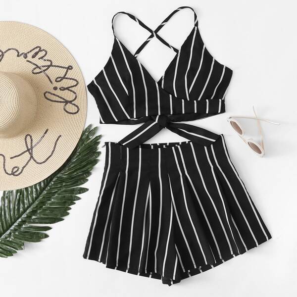 

Stripe Surplice Bow Tie Open Back Crop Cami Top With Shorts, Black and white