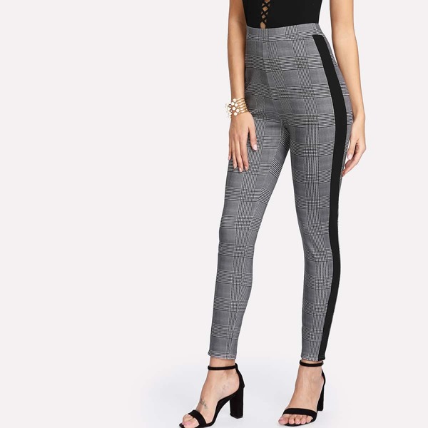 

Contrast Tape Side Plaid Tapered Pants, Grey