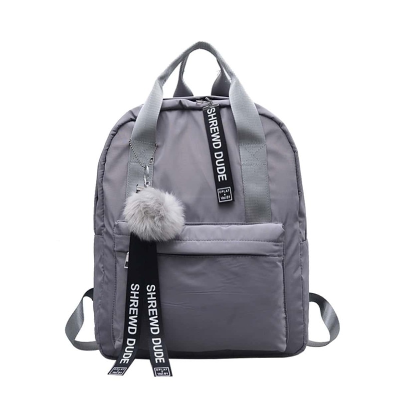 

Slogan Ribbon & Pom Pom Decor Backpack, Grey