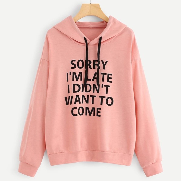 

Slogan Graphic Drop Shoulder Hoodie, Pink